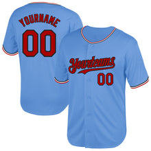 Load image into Gallery viewer, Custom Light Blue Red-Black Mesh Authentic Throwback Baseball Jersey
