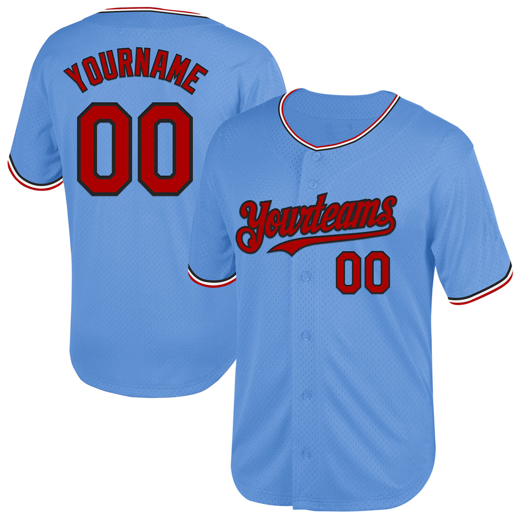 Custom Light Blue Red-Black Mesh Authentic Throwback Baseball Jersey