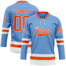 Laden Sie das Bild in den Galerie-Viewer, Custom Light Blue Orange-White Hockey Lace Neck Jersey
