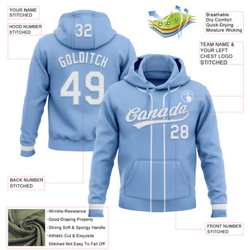 Custom Stitched Light Blue White Baseball Pullover Sweatshirt Hoodie