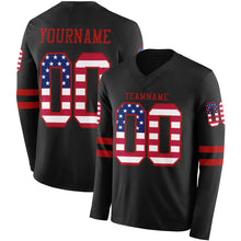 Load image into Gallery viewer, Custom Black USA Flag-Red Long Sleeve Authentic Football Jersey
