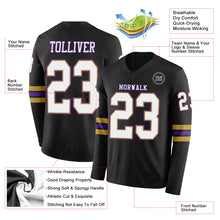 Laden Sie das Bild in den Galerie-Viewer, Custom Black White Old Gold-Purple Long Sleeve Authentic Football Jersey
