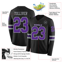 Load image into Gallery viewer, Custom Black Purple-Gray Long Sleeve Authentic Football Jersey
