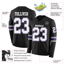 Load image into Gallery viewer, Custom Black White Purple-Gray Long Sleeve Authentic Football Jersey
