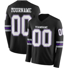 Load image into Gallery viewer, Custom Black White Purple-Gray Long Sleeve Authentic Football Jersey
