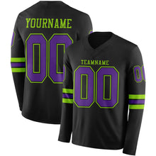 Load image into Gallery viewer, Custom Black Purple-Neon Green Long Sleeve Authentic Football Jersey
