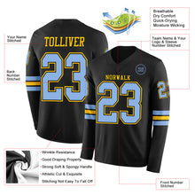 Load image into Gallery viewer, Custom Black Light Blue-Yellow Long Sleeve Authentic Football Jersey
