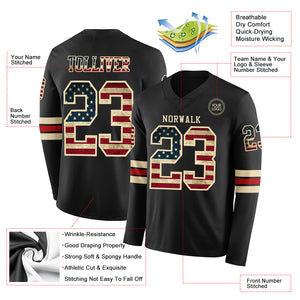 Custom Black Vintage USA Flag Cream-Red Long Sleeve Authentic Football Jersey