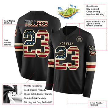 Custom Black Vintage USA Flag Cream-Red Long Sleeve Authentic Football Jersey