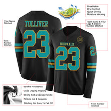 Load image into Gallery viewer, Custom Black Teal-Old Gold Long Sleeve Authentic Football Jersey
