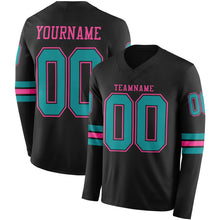 Load image into Gallery viewer, Custom Black Teal-Pink Long Sleeve Authentic Football Jersey
