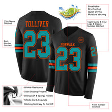Load image into Gallery viewer, Custom Black Teal-Orange Long Sleeve Authentic Football Jersey
