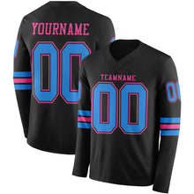 Load image into Gallery viewer, Custom Black Powder Blue-Pink Long Sleeve Authentic Football Jersey
