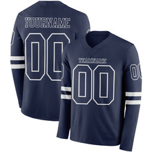 Load image into Gallery viewer, Custom Navy White Long Sleeve Authentic Football Jersey
