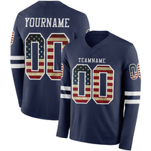 Load image into Gallery viewer, Custom Navy Vintage USA Flag-White Long Sleeve Authentic Football Jersey
