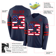 Load image into Gallery viewer, Custom Navy USA Flag-Red Long Sleeve Authentic Football Jersey
