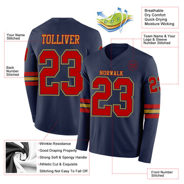 Custom Navy Red-Old Gold Long Sleeve Authentic Football Jersey