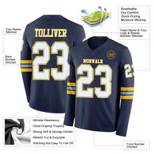 Load image into Gallery viewer, Custom Navy White Light Blue-Yellow Long Sleeve Authentic Football Jersey
