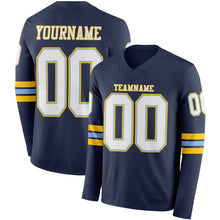 Load image into Gallery viewer, Custom Navy White Light Blue-Yellow Long Sleeve Authentic Football Jersey
