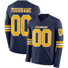 Laden Sie das Bild in den Galerie-Viewer, Custom Navy Gold-White Long Sleeve Authentic Football Jersey
