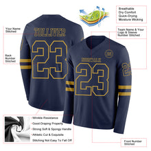 Load image into Gallery viewer, Custom Navy Old Gold Long Sleeve Authentic Football Jersey
