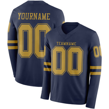 Custom Navy Old Gold Long Sleeve Authentic Football Jersey