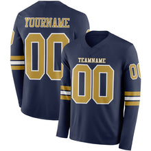 Load image into Gallery viewer, Custom Navy Old Gold-White Long Sleeve Authentic Football Jersey
