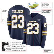 Load image into Gallery viewer, Custom Navy White-Old Gold Long Sleeve Authentic Football Jersey
