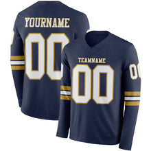 Load image into Gallery viewer, Custom Navy White-Old Gold Long Sleeve Authentic Football Jersey
