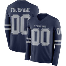 Load image into Gallery viewer, Custom Navy Gray Long Sleeve Authentic Football Jersey
