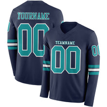 Load image into Gallery viewer, Custom Navy Teal-White Long Sleeve Authentic Football Jersey

