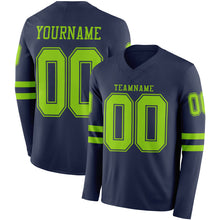Load image into Gallery viewer, Custom Navy Neon Green Long Sleeve Authentic Football Jersey
