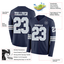 Load image into Gallery viewer, Custom Navy Silver-White Long Sleeve Authentic Football Jersey
