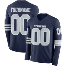 Load image into Gallery viewer, Custom Navy Silver-White Long Sleeve Authentic Football Jersey
