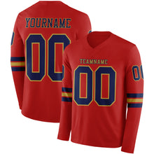 Load image into Gallery viewer, Custom Red Navy-Old Gold Long Sleeve Authentic Football Jersey
