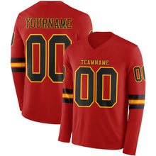 Load image into Gallery viewer, Custom Red Black-Gold Long Sleeve Authentic Football Jersey
