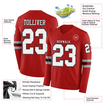 Custom Red White Gray-Black Long Sleeve Authentic Football Jersey
