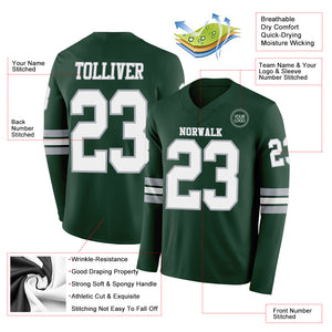 Custom Green White-Gray Long Sleeve Authentic Football Jersey