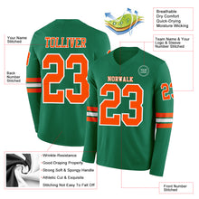 Load image into Gallery viewer, Custom Kelly Green Orange-White Long Sleeve Authentic Football Jersey
