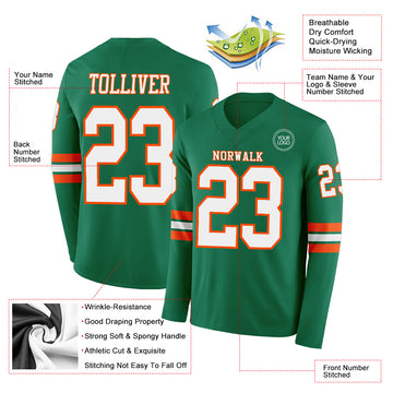 Custom Kelly Green White-Orange Long Sleeve Authentic Football Jersey