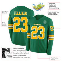 Load image into Gallery viewer, Custom Kelly Green Gold-White Long Sleeve Authentic Football Jersey
