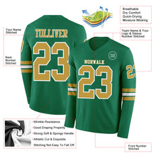 Load image into Gallery viewer, Custom Kelly Green Old Gold-White Long Sleeve Authentic Football Jersey
