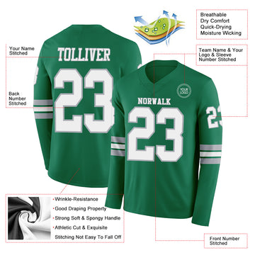 Custom Kelly Green White-Gray Long Sleeve Authentic Football Jersey