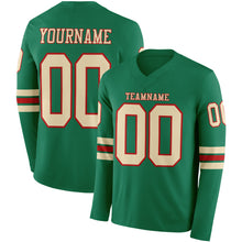 Load image into Gallery viewer, Custom Kelly Green Cream-Red Long Sleeve Authentic Football Jersey
