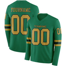 Load image into Gallery viewer, Custom Kelly Green Old Gold-Black Long Sleeve Authentic Football Jersey
