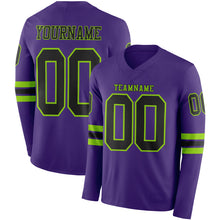 Load image into Gallery viewer, Custom Purple Black-Neon Green Long Sleeve Authentic Football Jersey
