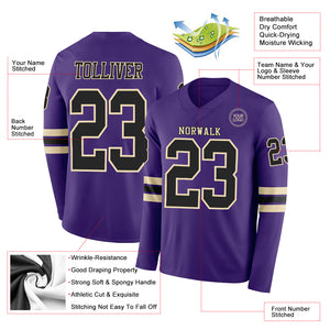 Custom Purple Black-Cream Long Sleeve Authentic Football Jersey