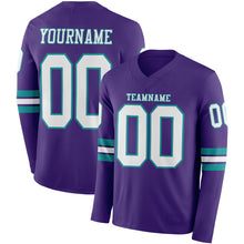 Load image into Gallery viewer, Custom Purple White-Teal Long Sleeve Authentic Football Jersey
