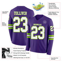 Load image into Gallery viewer, Custom Purple White-Neon Green Long Sleeve Authentic Football Jersey
