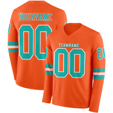 Load image into Gallery viewer, Custom Orange Aqua-White Long Sleeve Authentic Football Jersey
